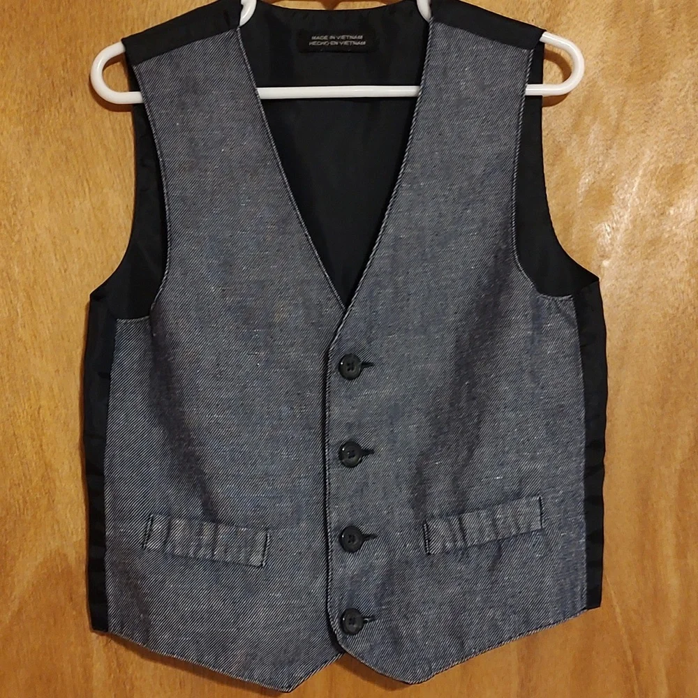 *2-Piece Set* Little Boys White 100% Cotton Dress Shirt Blue Linen Blend Vest 5T